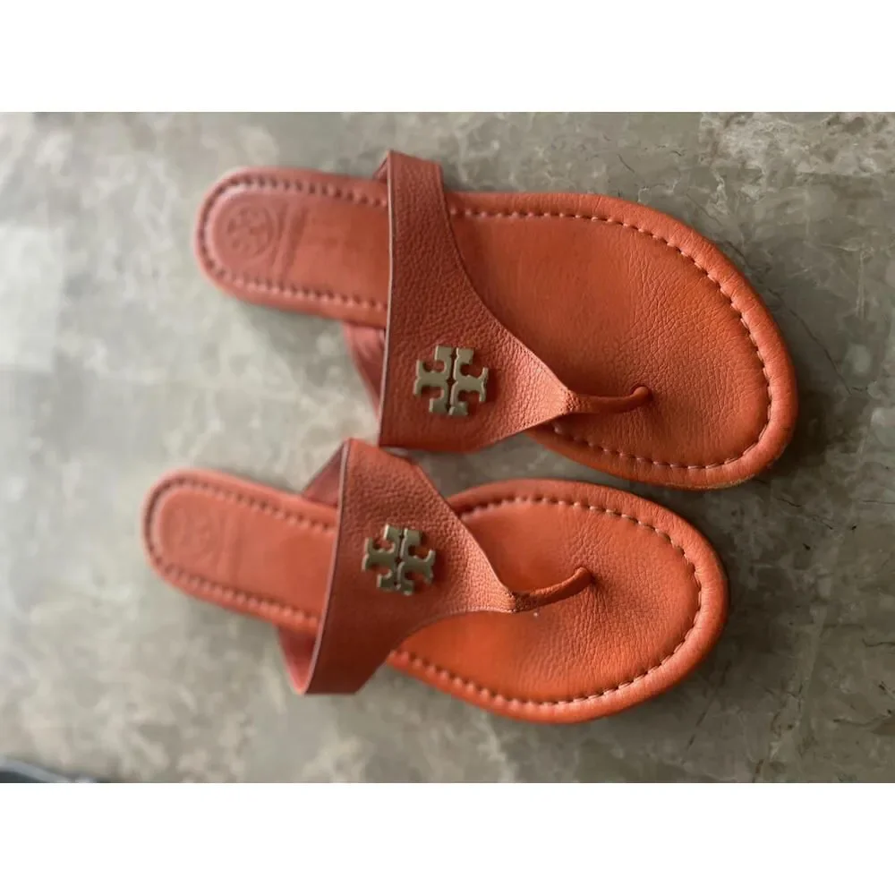 Tory Burch Miller Metallic Gold Pebbled Leather Sandals Thong Size 9 WOMEN'S‎
